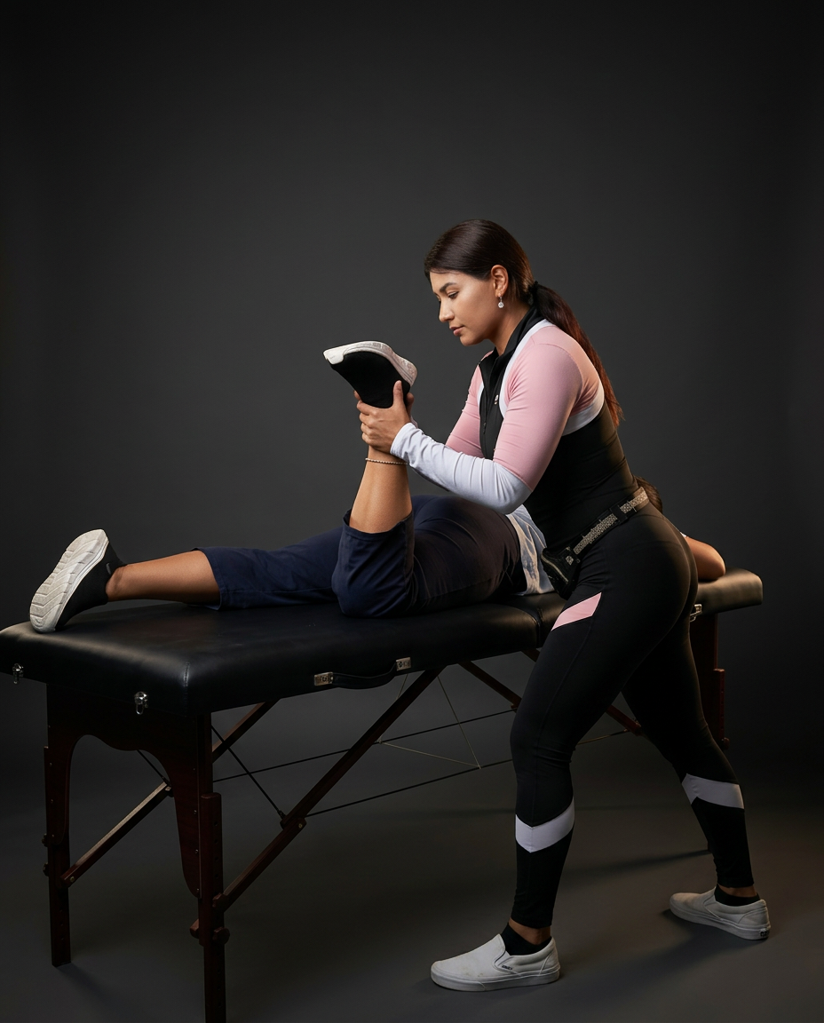 Assisted hamstring stretch on a stretch table during a MoveFree Stretch bodywork session